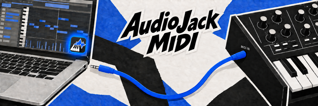AudioJack MIDI. A laptop running a DAW connected by a stereo cable to a synthesizer.